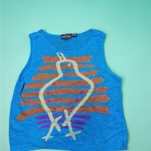 Vintage JEANNE PIERRE Blue Knit Tank with Bird Motif
